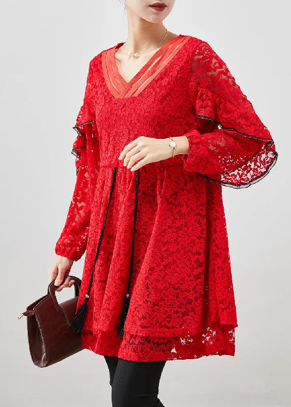 French Red Cinched Lace Mini Dresses Fall Chic Tropical Mini Dress