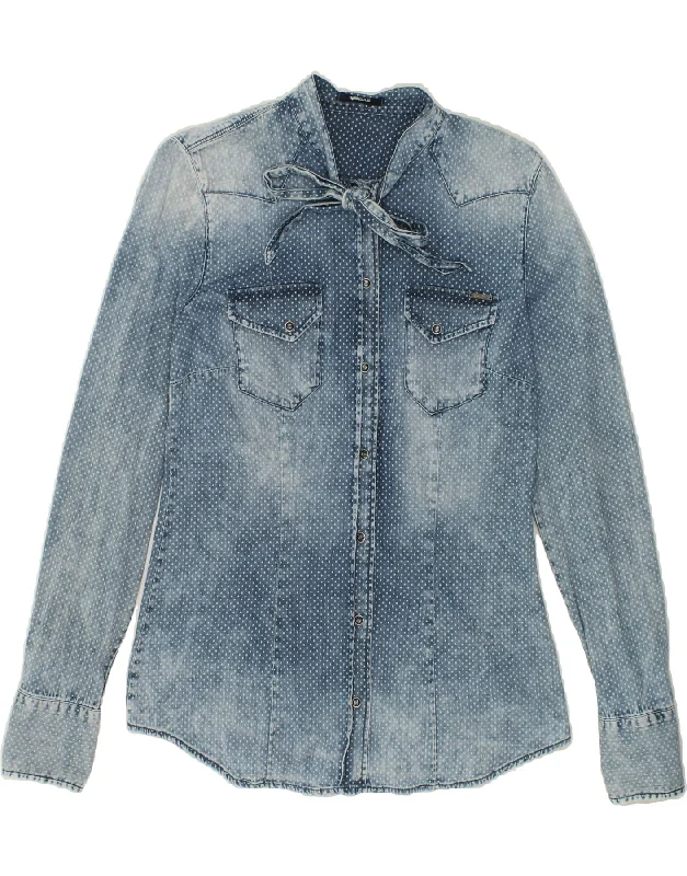 GAS Womens Denim Shirt UK 12 Medium Blue Spotted Classic Denim Short Sleeve