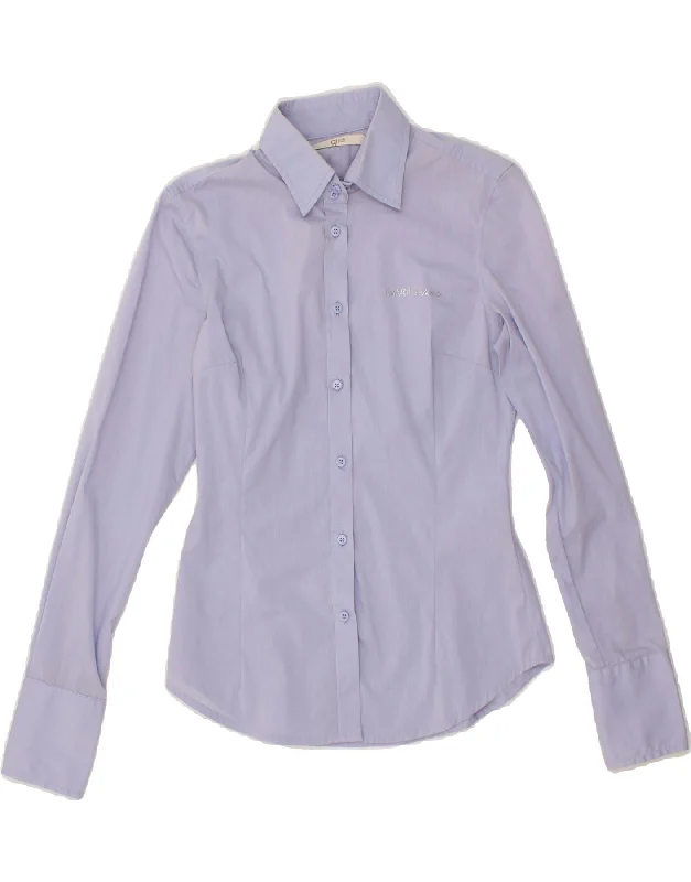 GAUDI Womens Shirt IT 40 Small Blue Striped Cotton Soft Flowing Short Shirt