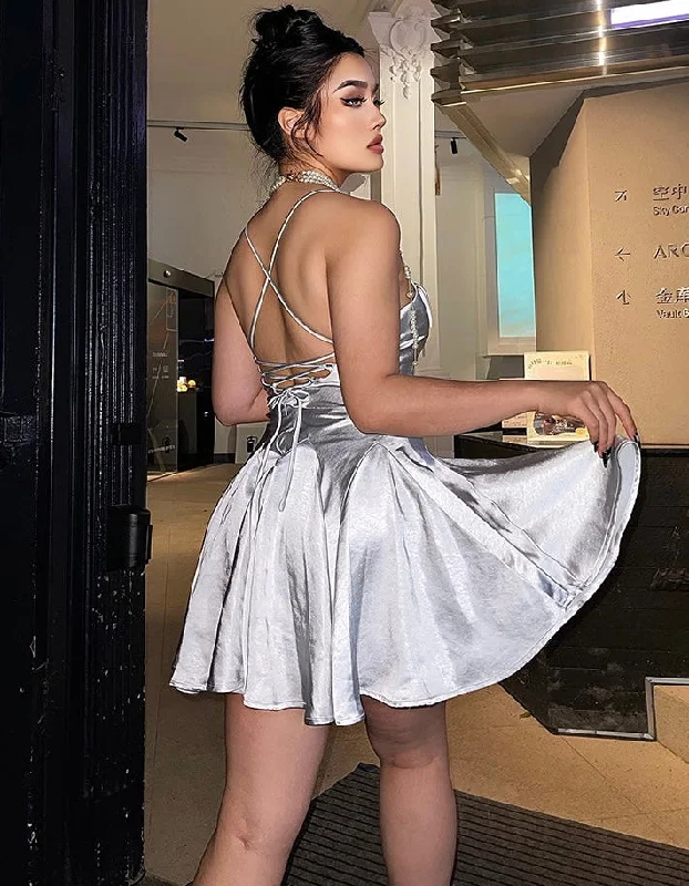 Genna Solid Color Grey Spaghetti Strap Lapel Pleated Satin Mini Dress Comfortable Wrap Mini Dress