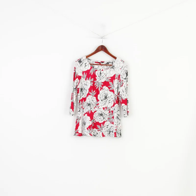 George Women 16 44 XL Shirt Viscose White Flowers Crew Neck Top Modern Casual Short Sleeve