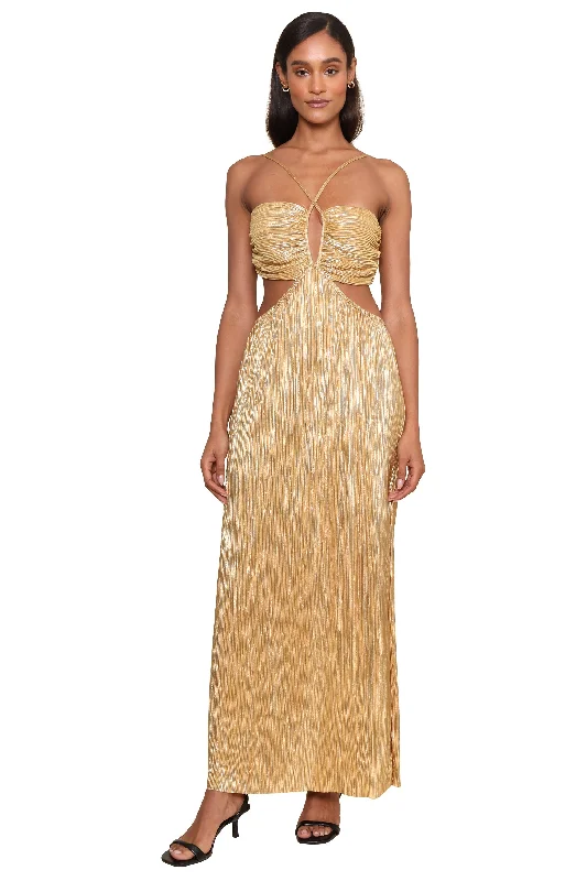 Golden Glimmer Midi Dress Elegant Pleated Sleeve Midi Dress