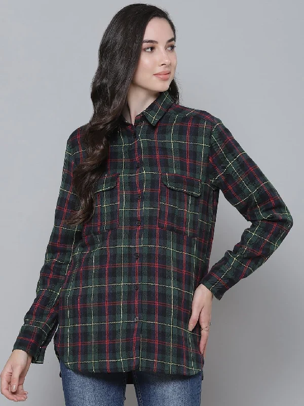 Green Plaid Check Boyfriend Shirt Casual Slouchy Short Sleeve