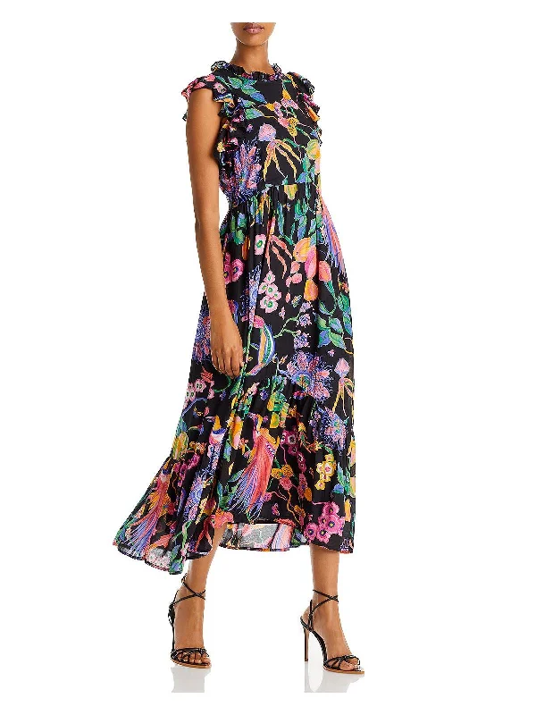 Hannah Womens Floral Flutter Sleeve Midi Dress Stylish Button-Up Midi Dress