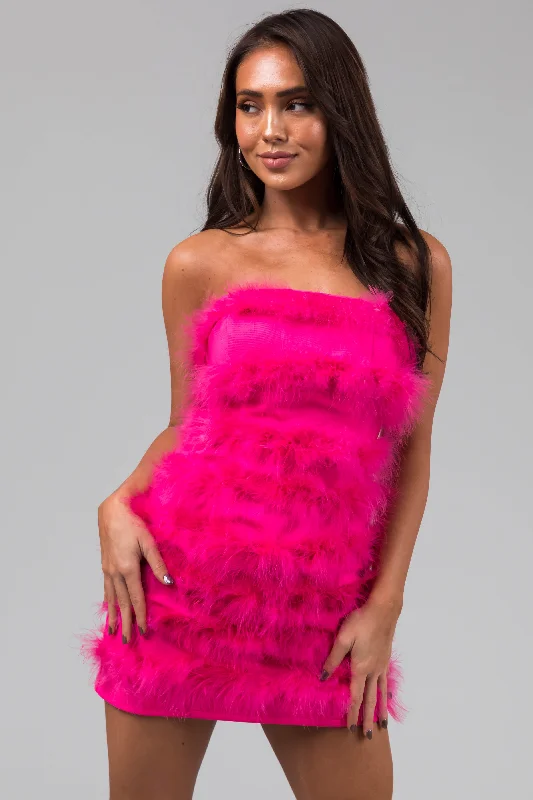 Hot Pink Faux Fur Strapless Mini Dress Elegant Lace-Up Mini Dress