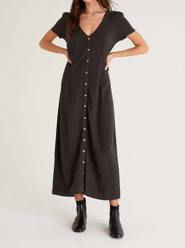 Irene Midi Dress In Black Stylish Off-Shoulder Ruffle Dress