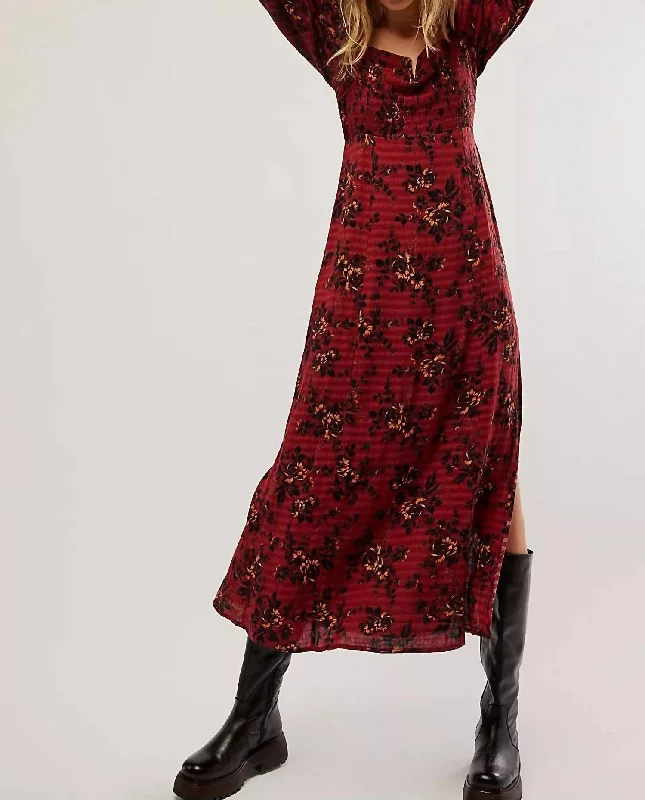 Jaymes Midi Dress In Burgundy Trendy Floral Wrap Midi Dress