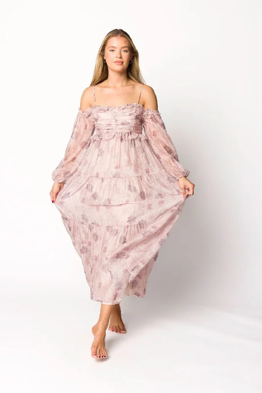 Atlas Rouched Midi Dress in Purple/Blush Floral Trendy Knit Midi Dress