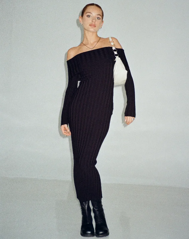 Jesuita Bardot Knitted Midi Dress in Black Trendy Mock Neck Midi Dress
