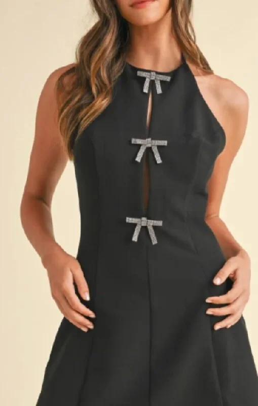 Jewel Bow Halter Mini Dress Fashionable Mini Dress with Slits