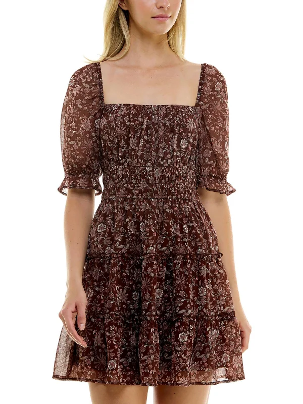 Juniors Womens Printed Tiered Mini Dress Comfortable Bodycon Mini Dress