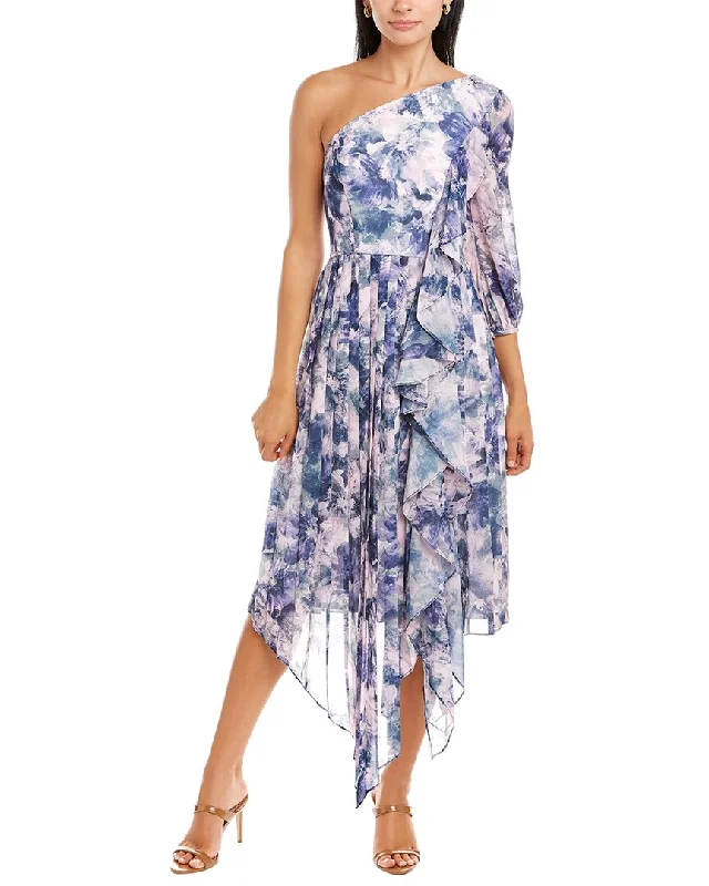 Kay Unger One-Shoulder Midi Dress Fashionable Off-Shoulder Dress Midi