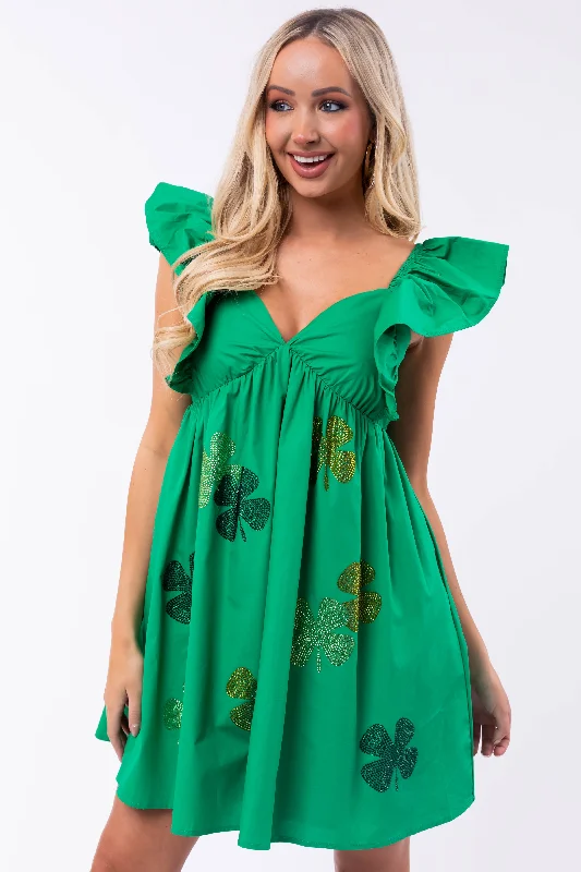 Kelly Green Clover Rhinestone Mini Dress Cozy Jersey Mini Dress