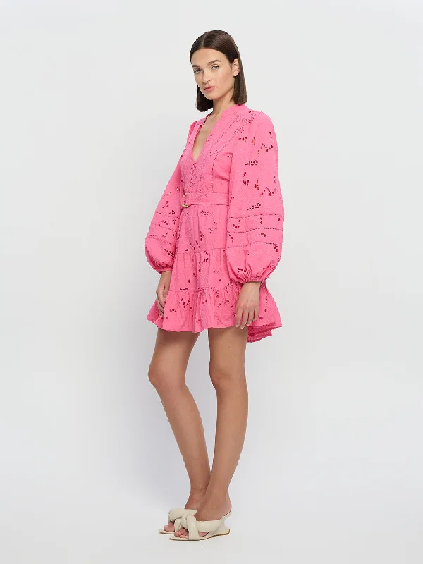 Kivari - Corfu Mini Dress in Pink Embroidery Comfortable Boho Mini Dress