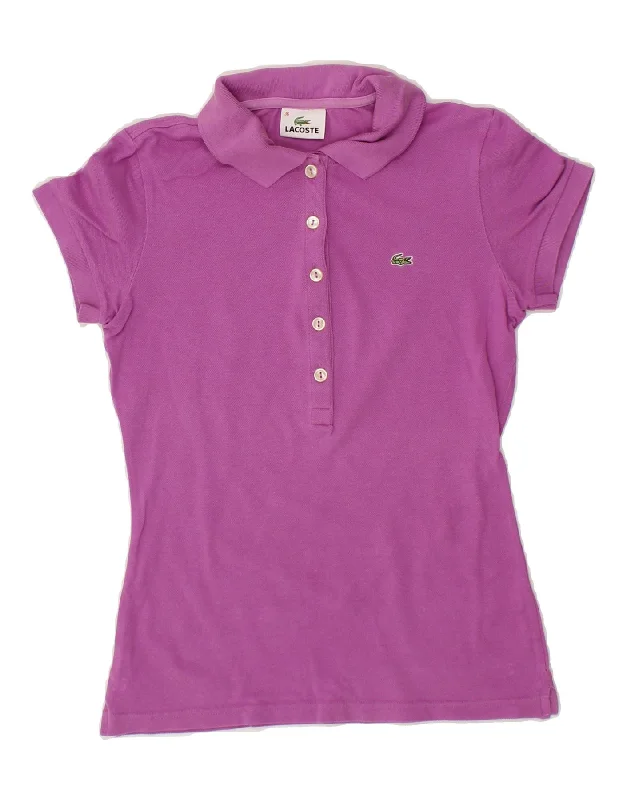 LACOSTE Womens Polo Shirt Size 36 Small Purple Cotton Elegant Longline Short Shirt