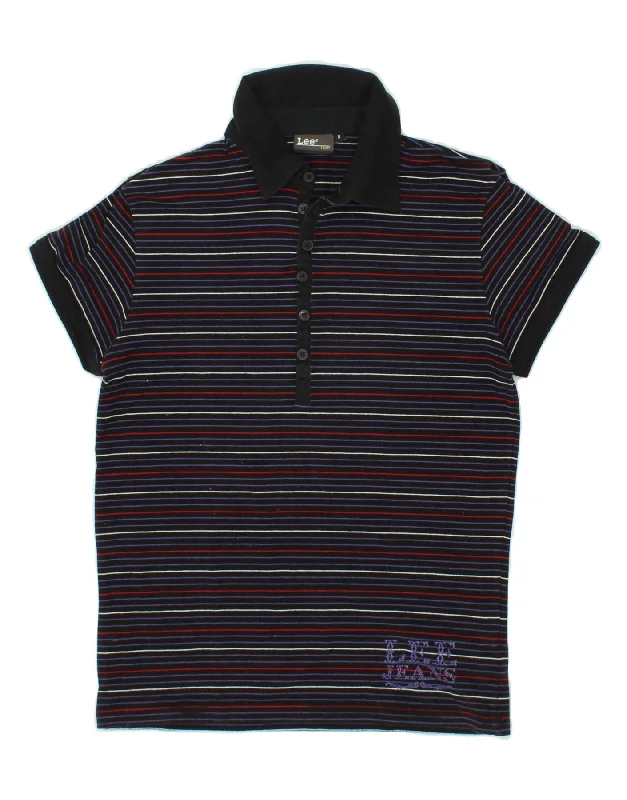 LEE Womens Polo Shirt UK 10 Small Navy Blue Striped Cotton Fashionable Pleated Short Shirt LEE Womens Polo Shirt UK 10 Small Navy Blue Striped Cotton Fashionable Pleated Short Shirt
