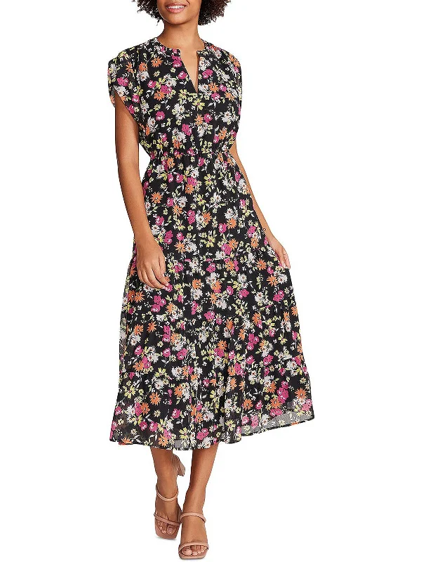 Leigh Womens Floral V Neck Midi Dress Comfortable Lace-Up Midi Dress