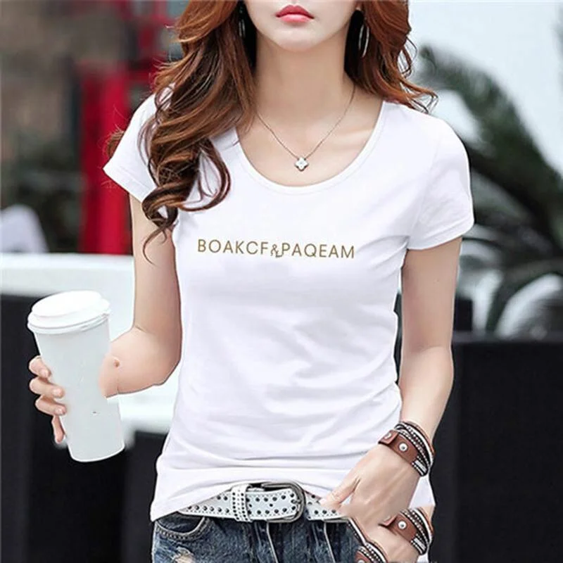 Letter Print T Shirt Women Short Sleeve O Neck Loose Tshirt Summer Women Tee Shirt Tops Chic Embellished Short Sleeve