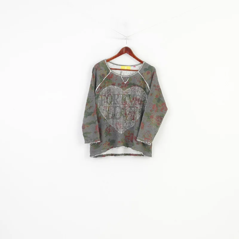 Lieblingsstock Woman L Shirt Khaki Long Sleeve Heart Graphic Vintage Crew Neck Cotton Flower Print Top Cozy Knit Short Sleeve Top