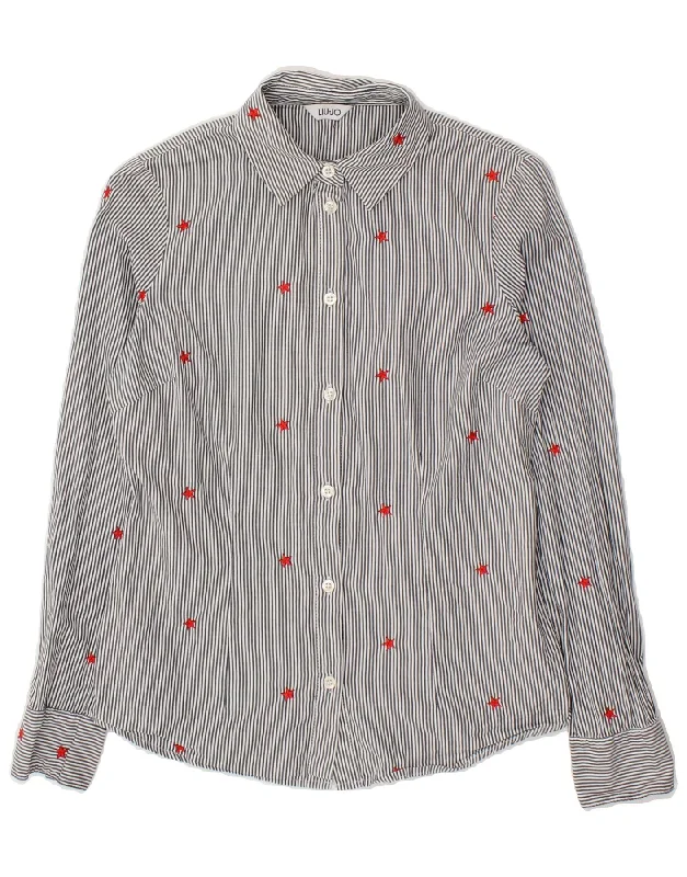 LIU JO Womens Shirt UK 12 Medium Blue Striped Relaxed Cotton Short Blouse