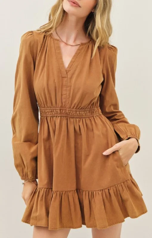 Loren Washed Camel Mini Dress Elegant Mini Dress with Ruffles