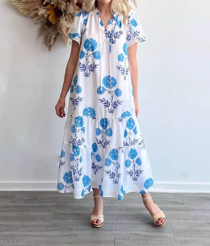 Mae Ruffle Sleeve Midi Dress In White/blue Trendy Midi Dress with Belt