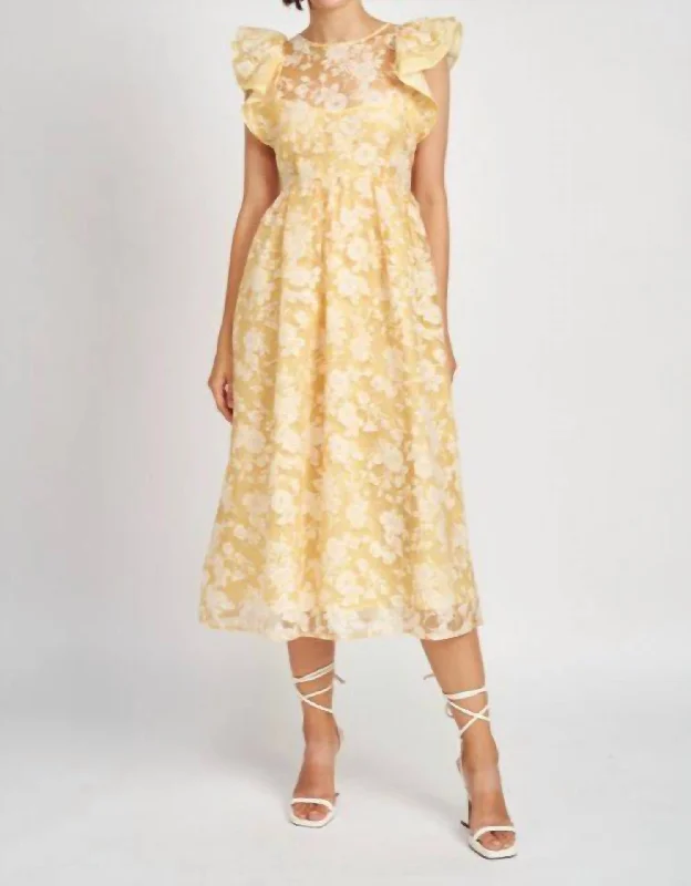 Marais Midi Dress In Yellow Comfortable Deep V Midi Dress
