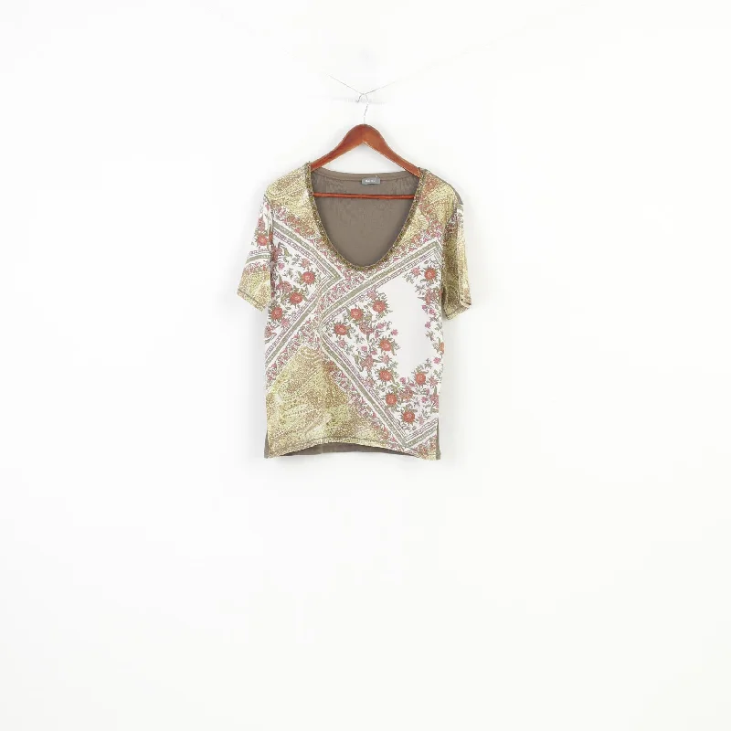 Marc Aurel Women L Shirt Khaki Cotton Stretch Printed Flowers V Neck Vintage Short Sleeve Top Trendy Floral Short Sleeve Marc Aurel Women L Shirt Khaki Cotton Stretch Printed Flowers V Neck Vintage Short Sleeve Top Trendy Floral Short Sleeve