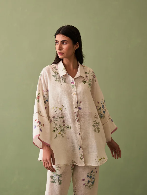 Mira Botanical Shirt - Ivory Classic Short Sleeve Tunic