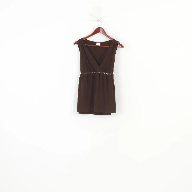 Motherhood Maternity Women M Shirt Brown V Neck Sleeveless Stretch Belt Top Trendy Floral Print Tee