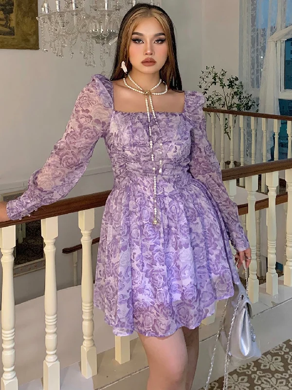 Nange Plus Size Floral Purple Long Sleeve Mesh Square Neck Mini Dress Comfortable Bodycon Mini Dress