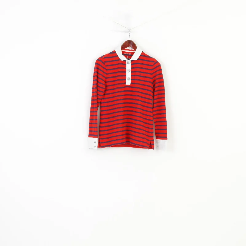 Nautica Women M Polo Shirt Red Striped Marine Cotton Long Sleeve Stretch Collar Vintage Top Elegant Draped Short Sleeve Nautica Women M Polo Shirt Red Striped Marine Cotton Long Sleeve Stretch Collar Vintage Top Elegant Draped Short Sleeve