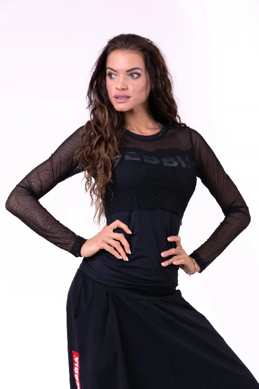 Nebbia Flash-Mesh Longsleeve Shirt 664 - Black Fashionable Sheer Short Shirt