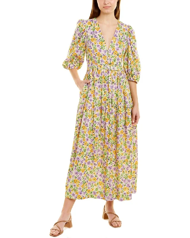 Nicholas Cellie Linen-Blend Midi Dress Trendy Off-Shoulder Ruffle Midi Dress