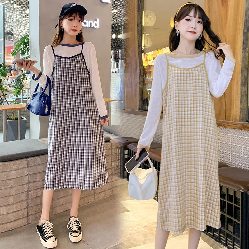 NiDELL Maternity Dress . New Fashion Grid Slim Suspender Dress Two-Piece Sweet Trendy Mom Midi Dress Elegant Floral Appliqué Midi Dress