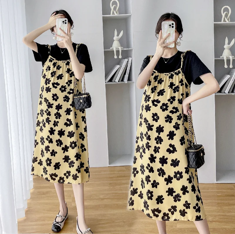 NiDELL Maternity Dress . Pregnant Women Loose Two-Piece Suit Short Sleeve Black Floral Strap A- line Midi Dress Trendy Bodycon Midi Dress