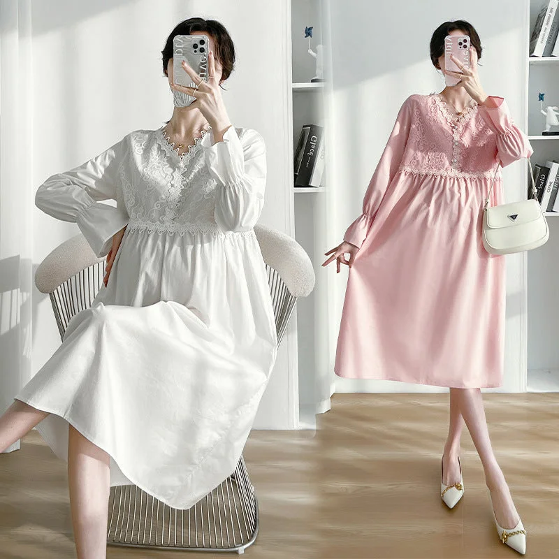 NiDELL . New Spring Maternity Dress Korean Style Midi Dress Loose Slimming Long Sleeves Maternity Dress Fashionable Fitted Midi Dress