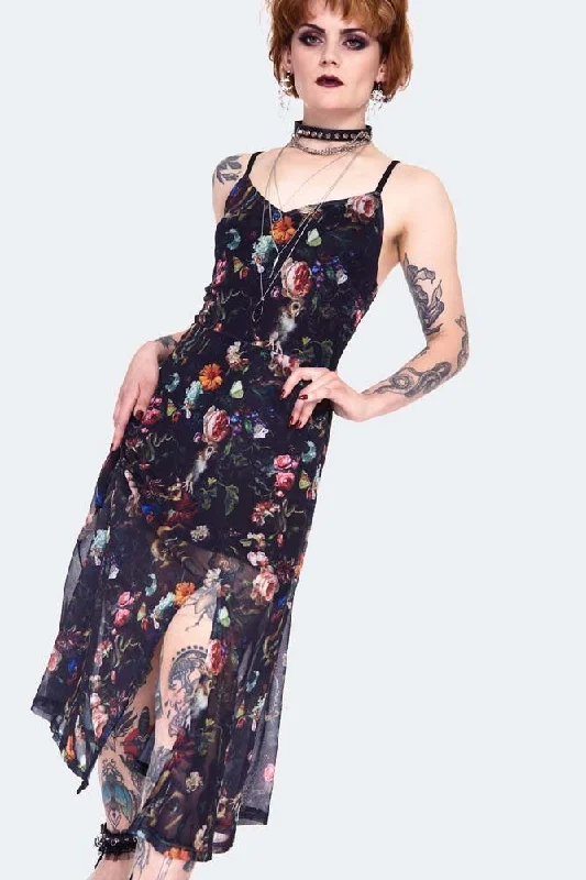 Night Garden Print Midi Dress Trendy Boho Midi Dress