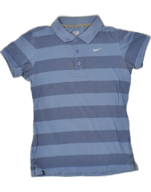 NIKE Womens Polo Shirt UK 10 Small Blue Striped Cozy Loose Fit Short Sleeve