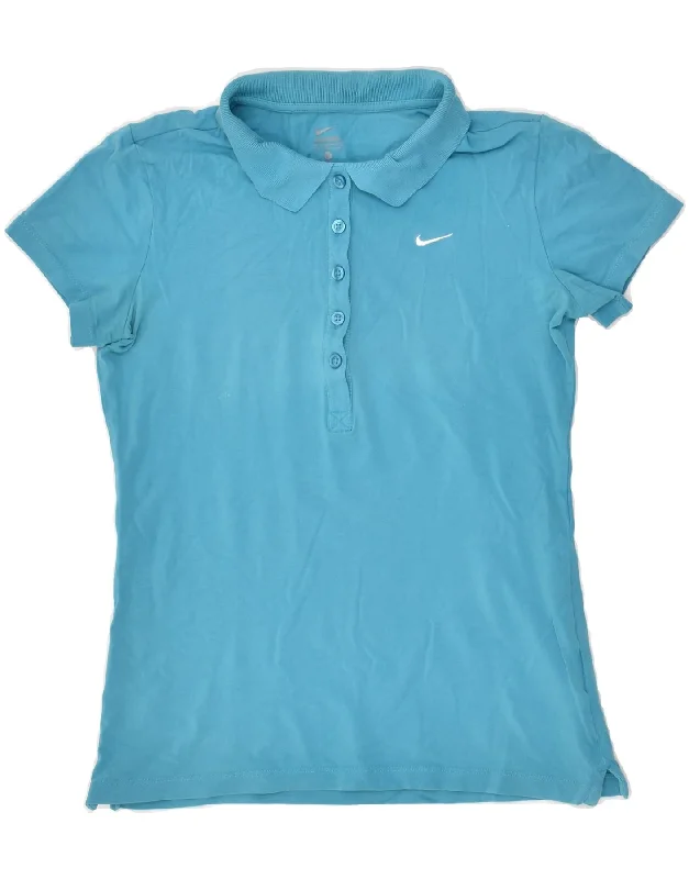 NIKE Womens Polo Shirt UK 12 Medium Blue Cotton Stylish Split-Hem Short Shirt