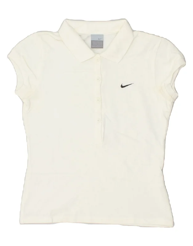 NIKE Womens Polo Shirt UK 12 Medium White Trendy Print Short Sleeve