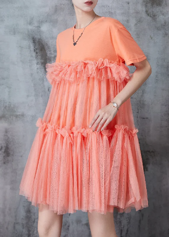 Orange Patchwork Tulle Mini Dresses Oversized Summer Comfortable Linen Mini Dress