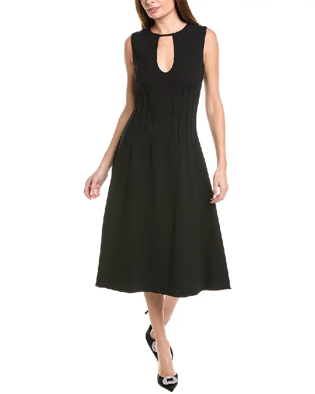 Oscar de la Renta Keyhole Seam Detail Silk-Trim Wool-Blend Midi Dress Stylish Long Sleeve Floral Midi Dress