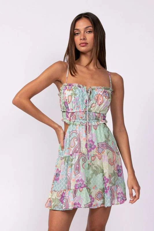 Paisley Cutout Mini Dress Trendy Mini Dress with Belt