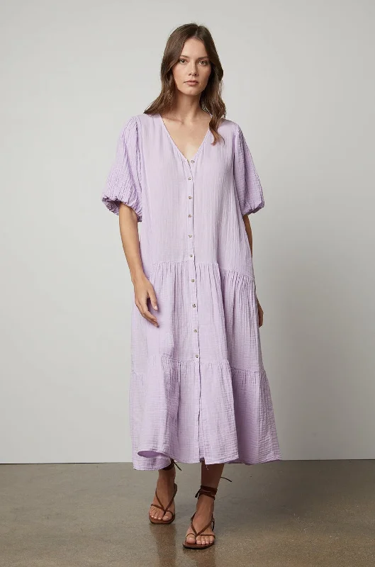 PAULINE COTTON GAUZE MIDI DRESS Stylish Pleated Skirt Midi Dress