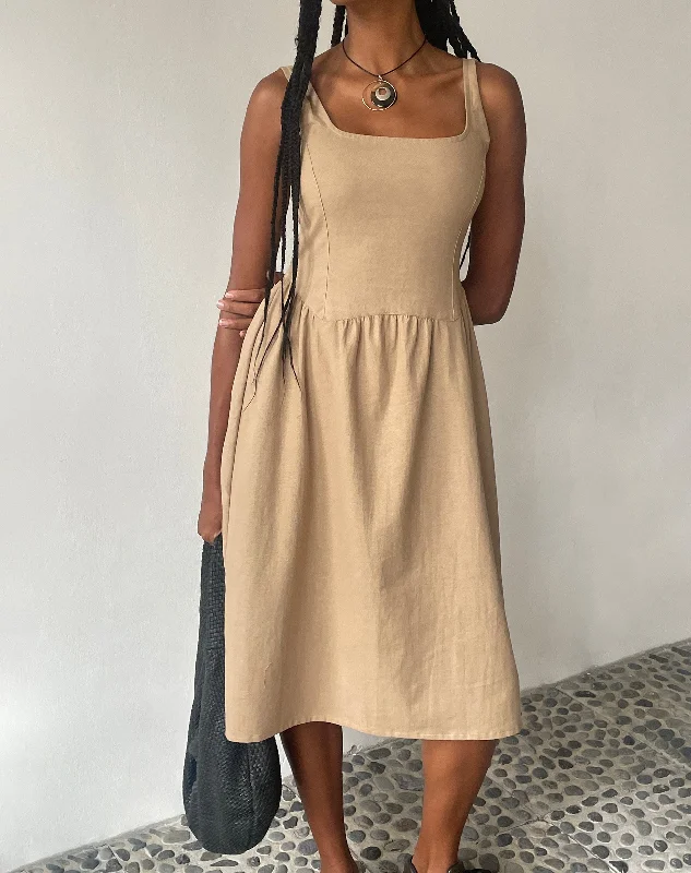 MOTEL X JACQUIE Pelove Drop Waist Midi Dress in Light Taupe Elegant Faux Wrap Midi Dress