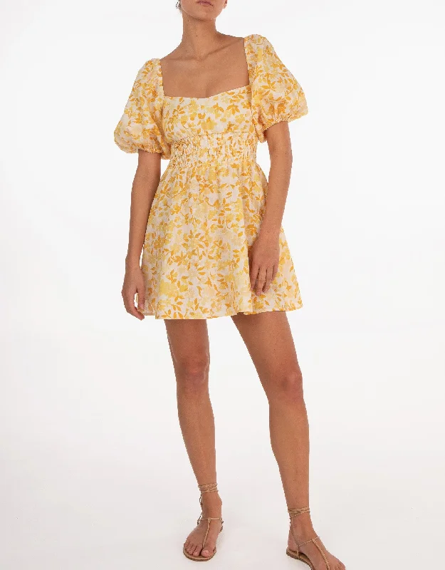 Linen Smocked Mini Dress, Daffodil Yellow Floral Elegant Velvet Mini Dress
