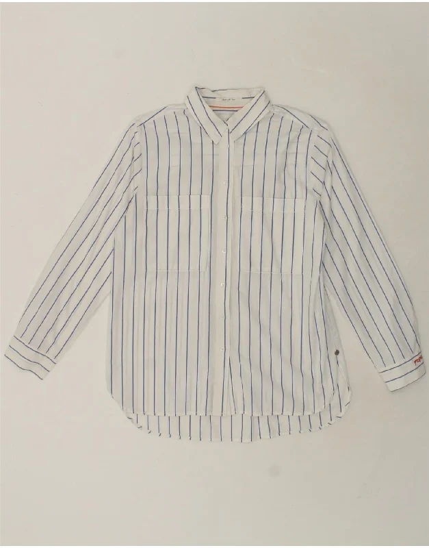 PEPE JEANS Womens Shirt UK 6 XS White Striped Cotton Trendy Floral Short Sleeve