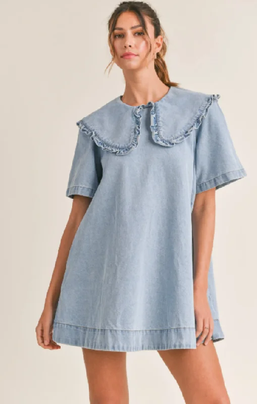 Peter Pan Collar Denim Mini Dress Cozy A-Line Mini Dress