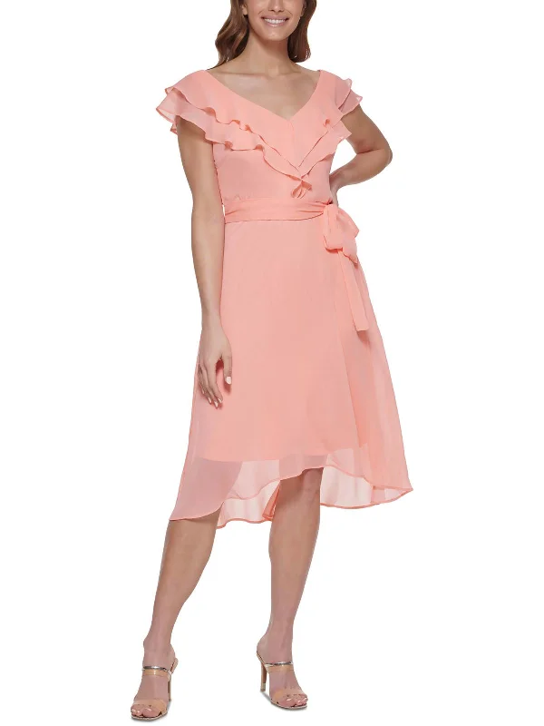 Petites Womens Ruffled Calf Midi Dress Elegant Pleated Detail Midi Dress